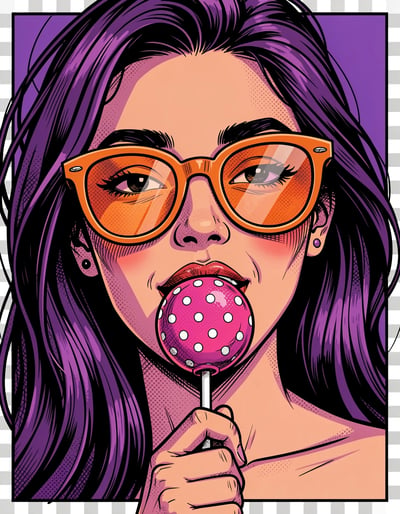 Vibrant Pop Art Woman with Orange Sunglasses and Pink Lollipop Sticker Design