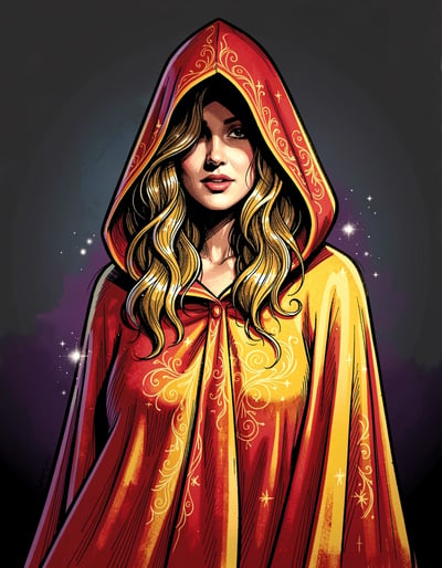 Vibrant Red and Yellow Hooded Woman Illustration for Stickers and Banners
