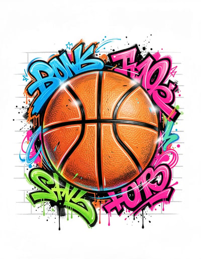 Vibrant Street-Art Basketball Illustration with Neon Graffiti for Stickers and Prints