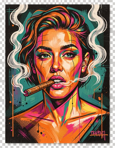 Vibrant Stylized Pop Art Woman Portrait with Cigar Smoke Sticker and Poster Design