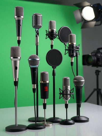 Vintage and Modern Microphones on Green Background