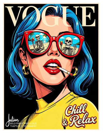 Vogue-Inspired Pop Art Woman with Red Sunglasses and Skeleton Reflection Illustration