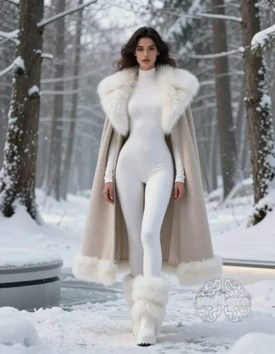 Winter Luxe: Fur-Trimmed Coat and Bodysuit Ensemble