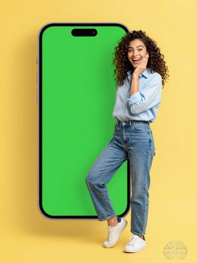 Young Woman Holding Large Smartphone with Green Screen
