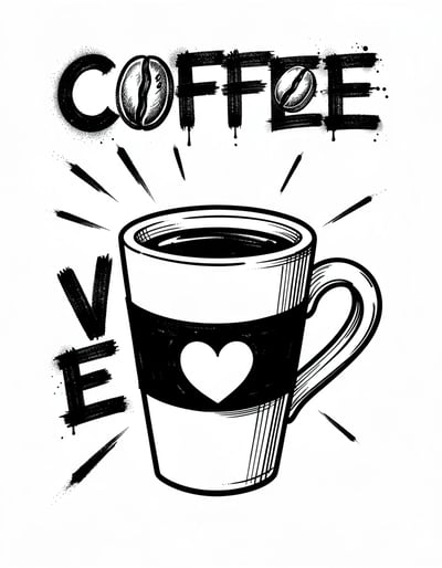 Bold Black and White Pop Art Coffee Cup Banner with LOVE and COFFEE Typography and Coffee Beans