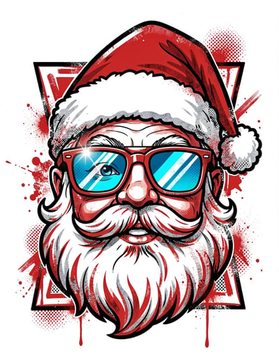 Bold Pop Art Santa Claus Illustration with Futuristic Sunglasses and Vibrant Red Hat for Stickers and Posters