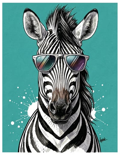 Bold Vibrant Zebra Illustration with Trendy Sunglasses for Pop Art Sticker and Poster Design