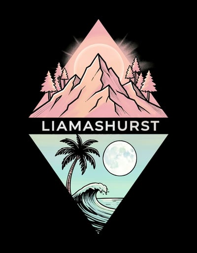 Diamond-shaped Pastel Mountain and Beach Illustration with Bold Black Outlines and Minimalist Design