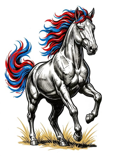 Dynamic Black and White Horse Illustration with Vibrant Red and Blue Mane for Expressive Poster Design
