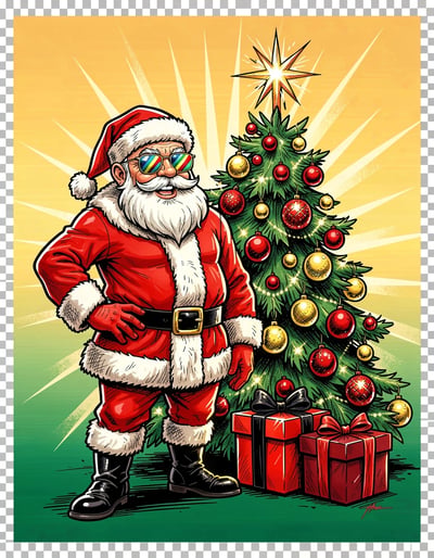 Dynamic Cartoon Santa Claus with Sunglasses Next to Festive Christmas Tree Sticker Design