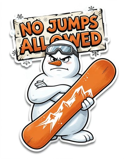 Dynamic Cartoon Snowman Sticker Design with Snowboard and No Jumps Sign for Winter Sports Fans
