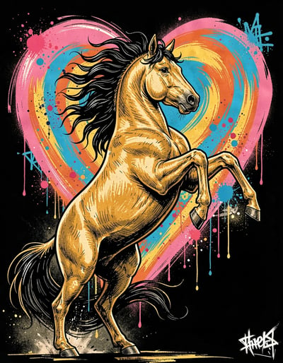 Dynamic Golden Horse Marker Illustration with Vibrant Heart Background Pop Art Poster