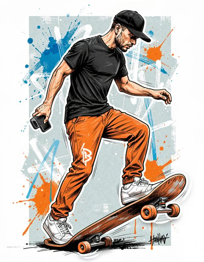 Dynamic Marker Illustration of Skateboarder in Action with Urban Graffiti Background