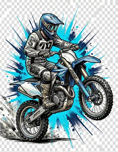 Dynamic Marker-Illustrative Motocross Rider Wheelie Poster with Blue Splash Energy