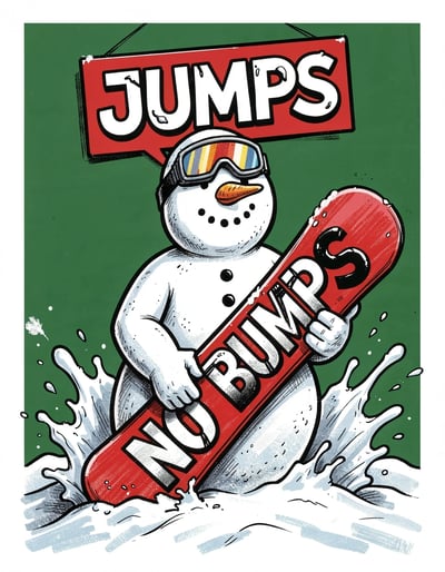 Dynamic Marker Illustrative Snowman Graphic with Ski Goggles and Red Snowboard in Bold Poster Style