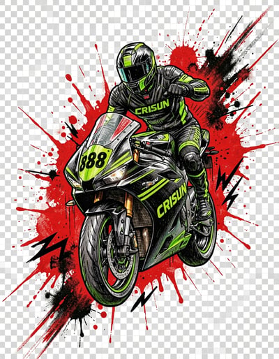Dynamic Neon Green Motorcyclist Illustration with '888' Number and CRISUN Branding in Street Art Style