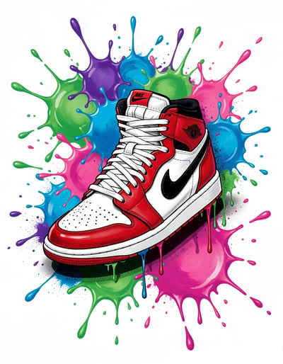 Dynamic Nike Air Jordan Sneaker Illustration with Vibrant Paint Splatters in Marker Style