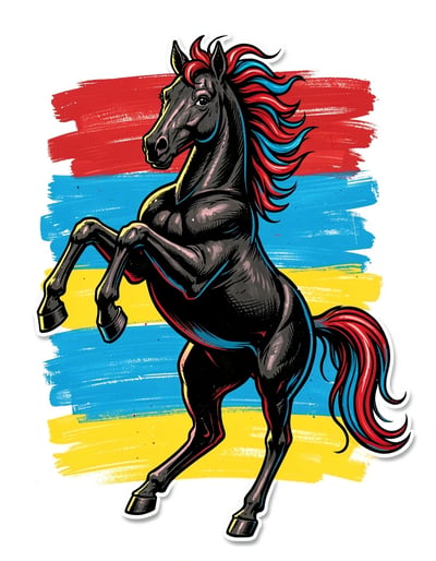 Dynamic Pop Art Black Horse Banner with Flowing Red and Blue Mane and Bold Stripes