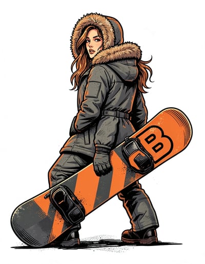 Dynamic Pop Art Female Snowboarder Banner with Bold 'B' Logo and Vibrant Colors