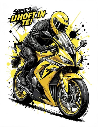 Dynamic Pop Art Motorcycle Rider Banner Sticker Design in Yellow and Black