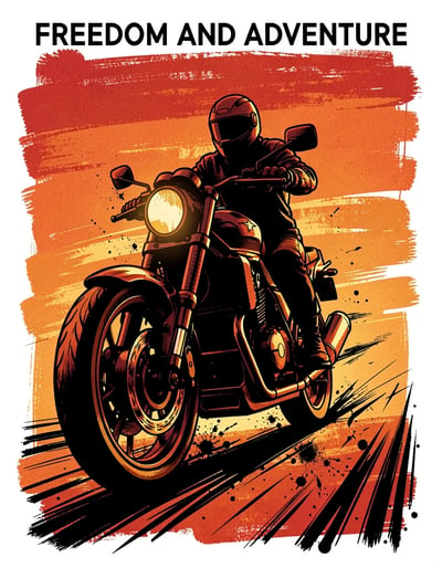 Dynamic Pop Art Motorcyclist Banner with Vibrant Orange-Red Sunset Silhouettes
