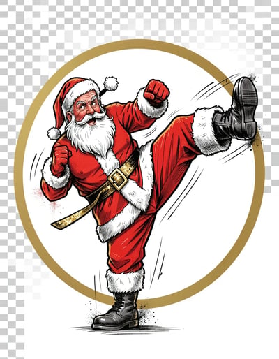 Dynamic Pop Art Santa Claus Kicking Martial Arts Illustration with Bold Graphic Elements
