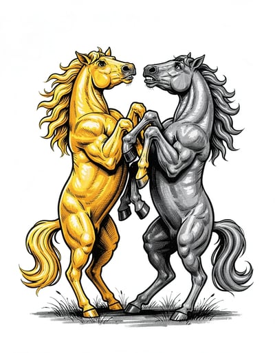 Dynamic Sticker Design of Two Muscular Horses Battling with Bold Colors and Expressive Lines