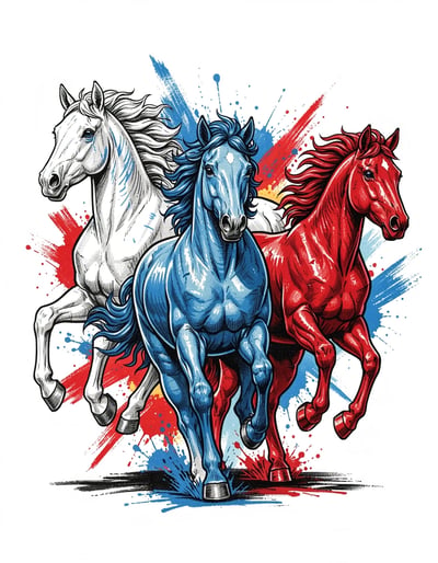 Dynamic Trio of White, Blue, and Red Horses in Marker Illustrative Style for Logos and Stickers