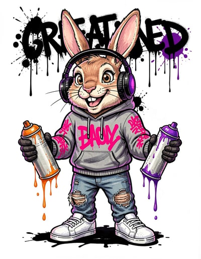 Energetic Cartoon Rabbit Street Art Illustration with Graffiti Hoodie and Spray Cans