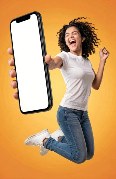 Excited Woman Holding Blank Smartphone