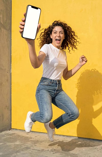 Excited Woman Holding Blank Smartphone