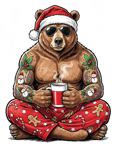 Festive Anthropomorphic Brown Bear Marker Illustration with Christmas Pajamas and Tattoos