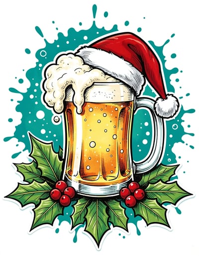 Festive Beer Mug with Santa Hat Sticker Design Featuring Holly and Bubbles on Vibrant Teal Background