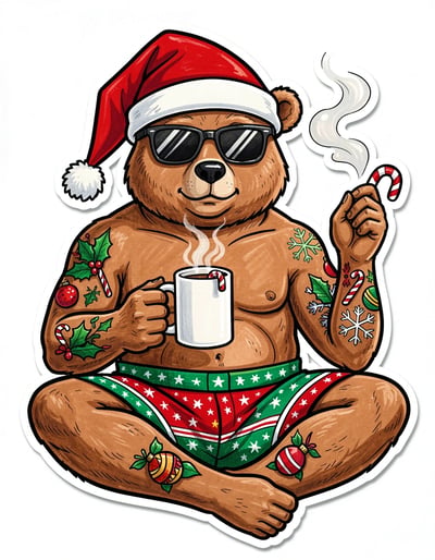 Festive Cartoon Bear in Santa Hat with Tattoos and Sunglasses Marker Illustration for Christmas Branding