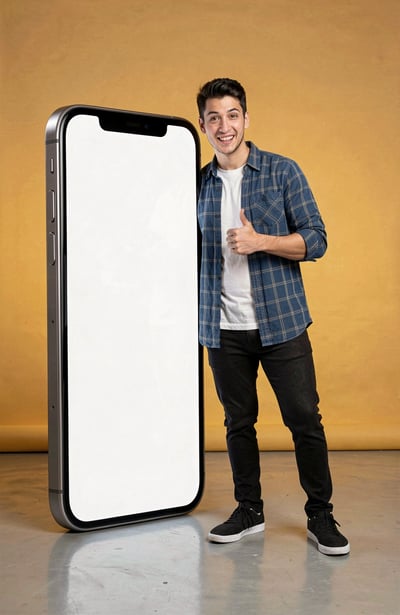 Giant Smartphone with Blank Screen and Young Man Giving Thumbs Up