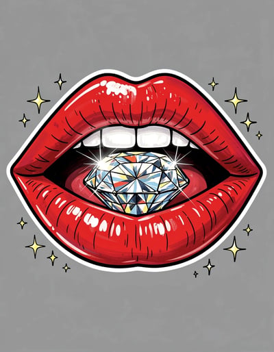 Glossy Red Lips with Shining Diamond and Sparkly Stars Sticker Illustration