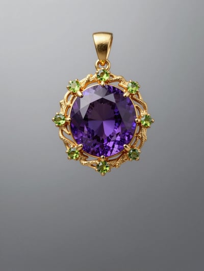 Luxury Amethyst Pendant with Gold Filigree and Peridot Accents