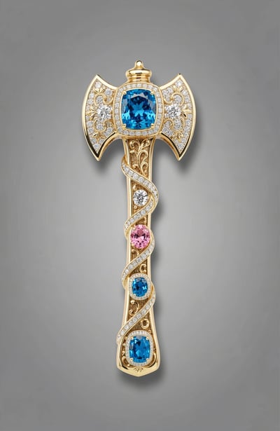 Luxury Gold Axe Brooch with Sapphires and Diamonds