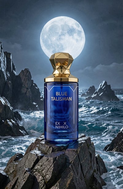 Luxury Perfume Bottle on Rocky Coast under Full Moon