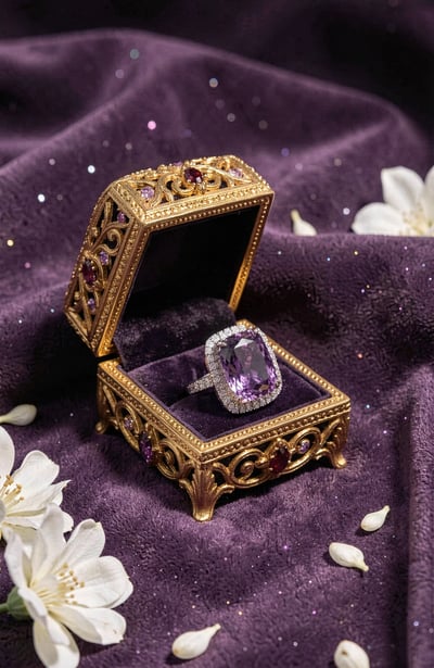 Luxury Purple Gemstone Ring in Ornate Gold Box