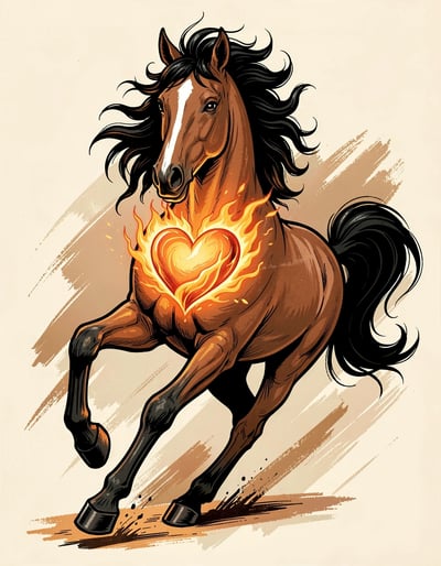 Majestic Brown Horse with Fiery Heart Marker Art for Dynamic Posters and Stickers