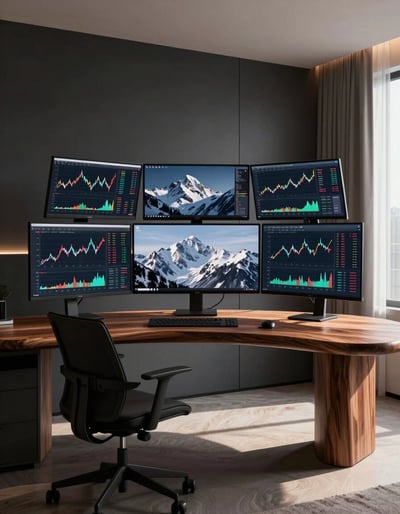 Modern Home Office with Curved Desk and Multiple Monitors