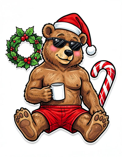 Playful Brown Bear Christmas Sticker Illustration in Marker Style with Holiday Props