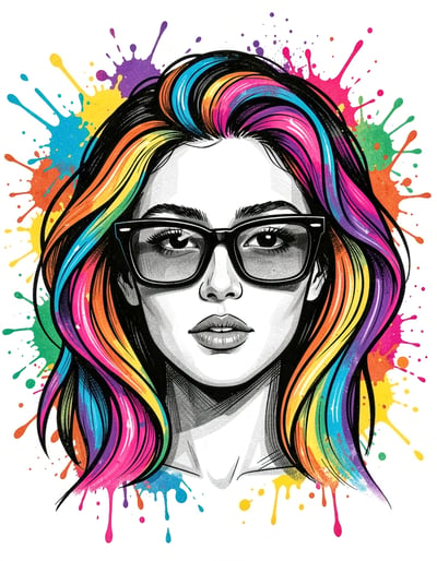 Pop Art Inspired Close-Up Woman Portrait with Rainbow Hair and Paint Splatters Digital Illustration