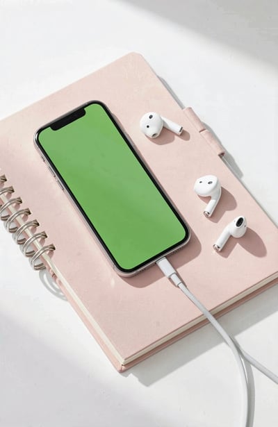 Smartphone and Accessories on Pink Notebook