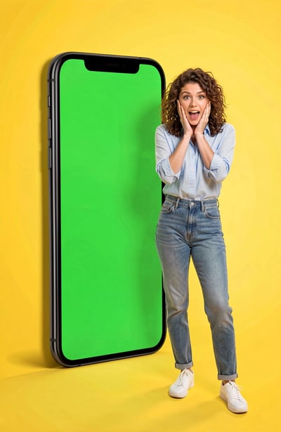 Surprised Woman with Giant Smartphone Mockup