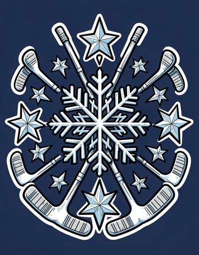 Symmetrical Snowflake Hockey Logo Sticker Design in White and Light Blue on Dark Blue Background