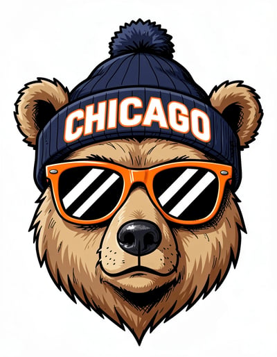 Urban Cartoon Bear Logo with Chicago Beanie and Trendy Sunglasses Vector Illustration