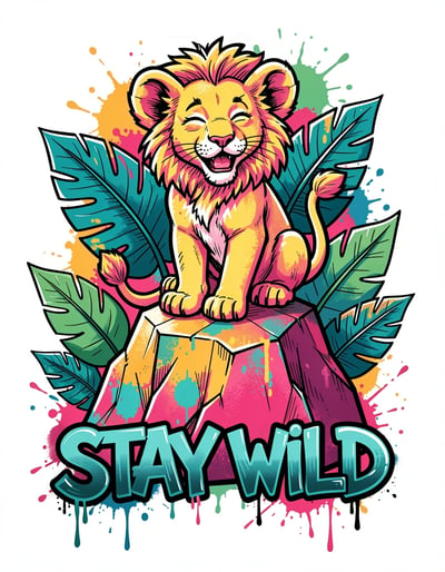 Vibrant Cartoon Lion Cub on Colorful Rock with Graffiti STAY WILD Sticker Design