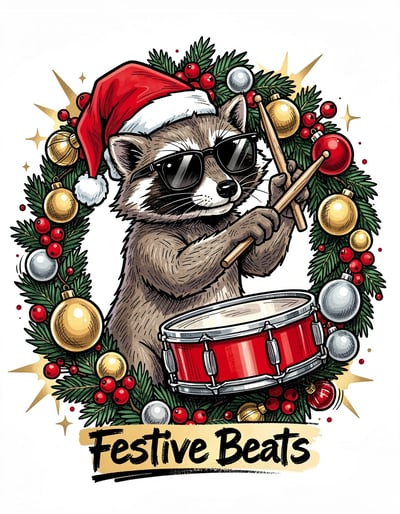 Vibrant Cartoon Raccoon Dog with Drum and Festive Wreath Marker Illustration